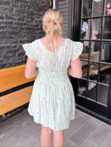Light Sage Floral V-Neck Shirred Waist Mini Dress