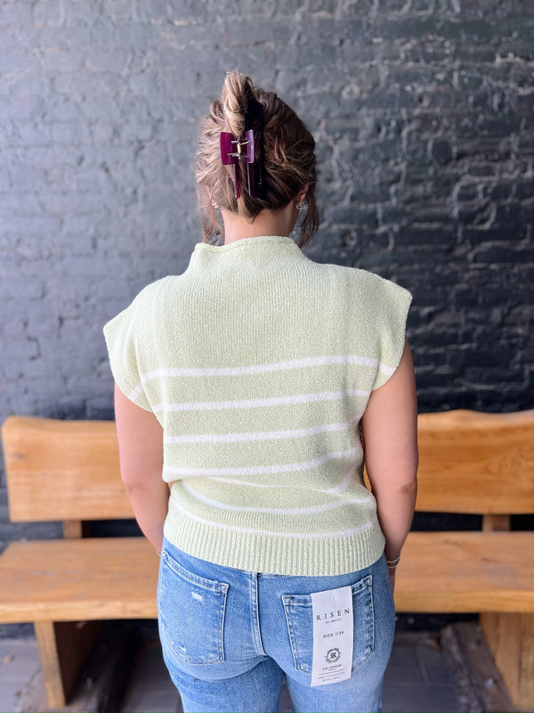 Green Drop Shoulder Mock Neck Striped Sweater Top