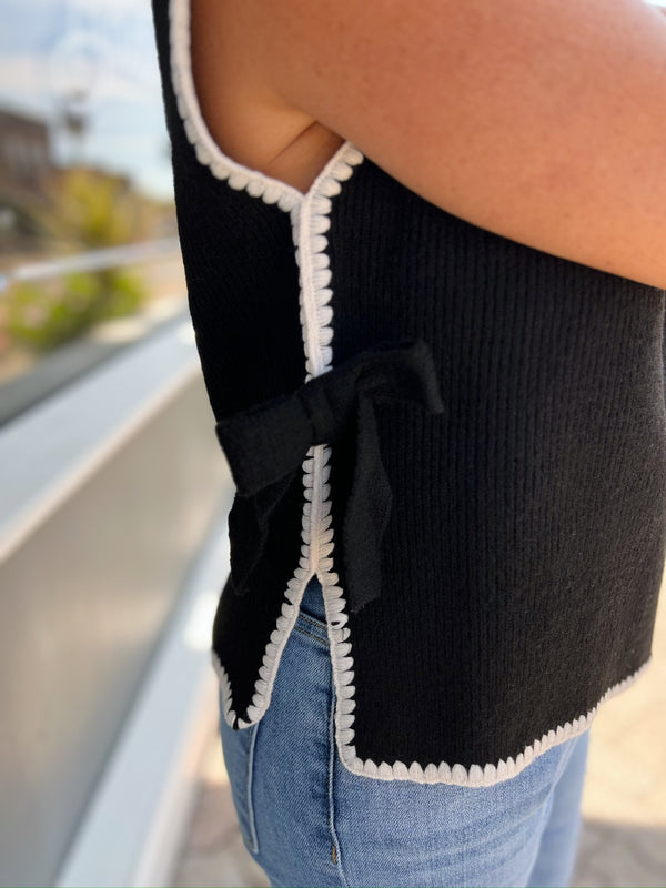 Black Contrast Stitch Side Tie Sweater Top