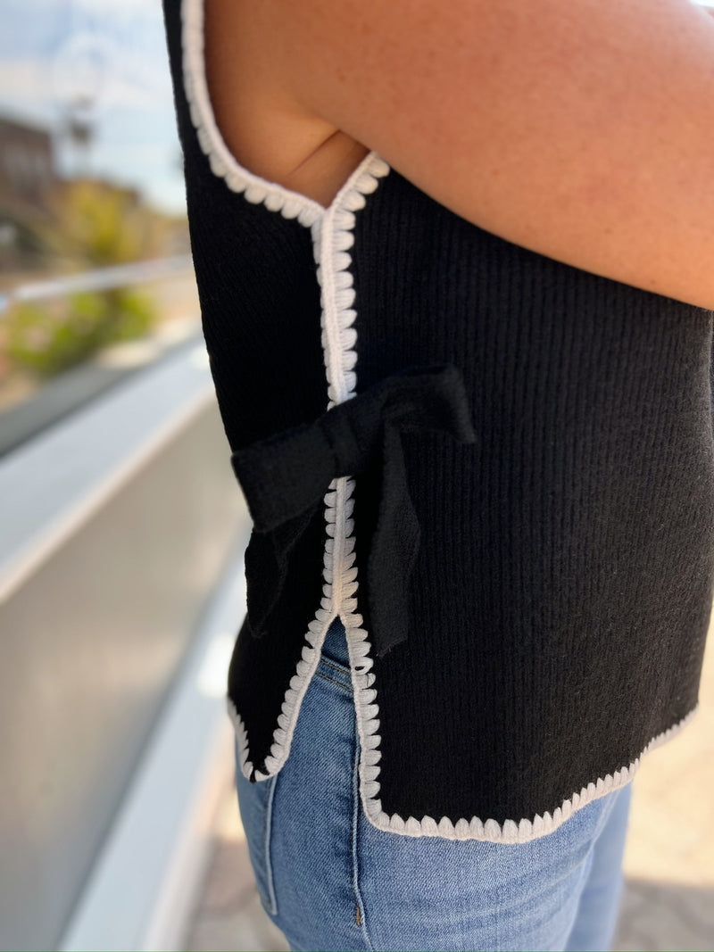 Black Contrast Stitch Side Tie Sweater Top