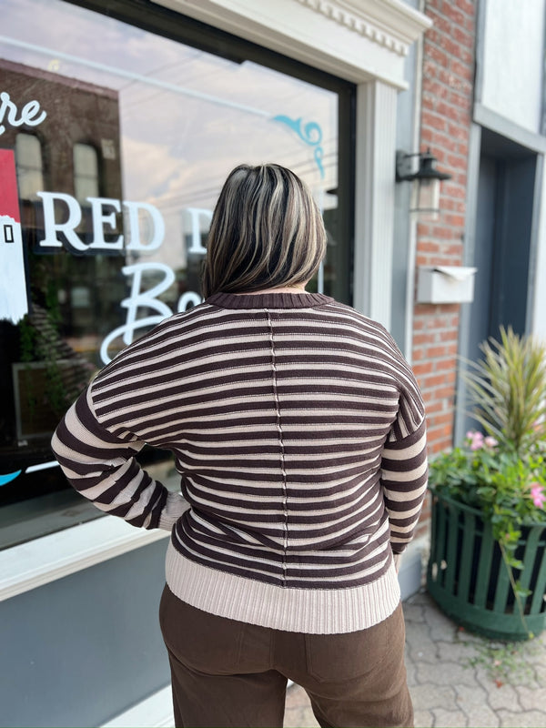 Brown Contrast Striped Sweater With Front Seam