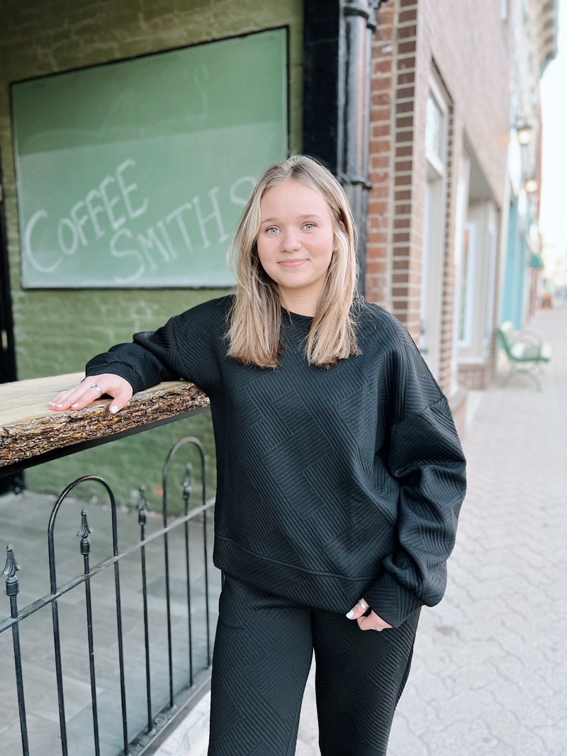 Black Textured Crewneck Top