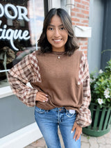 Soft Plaid Contrast Sleeve Top