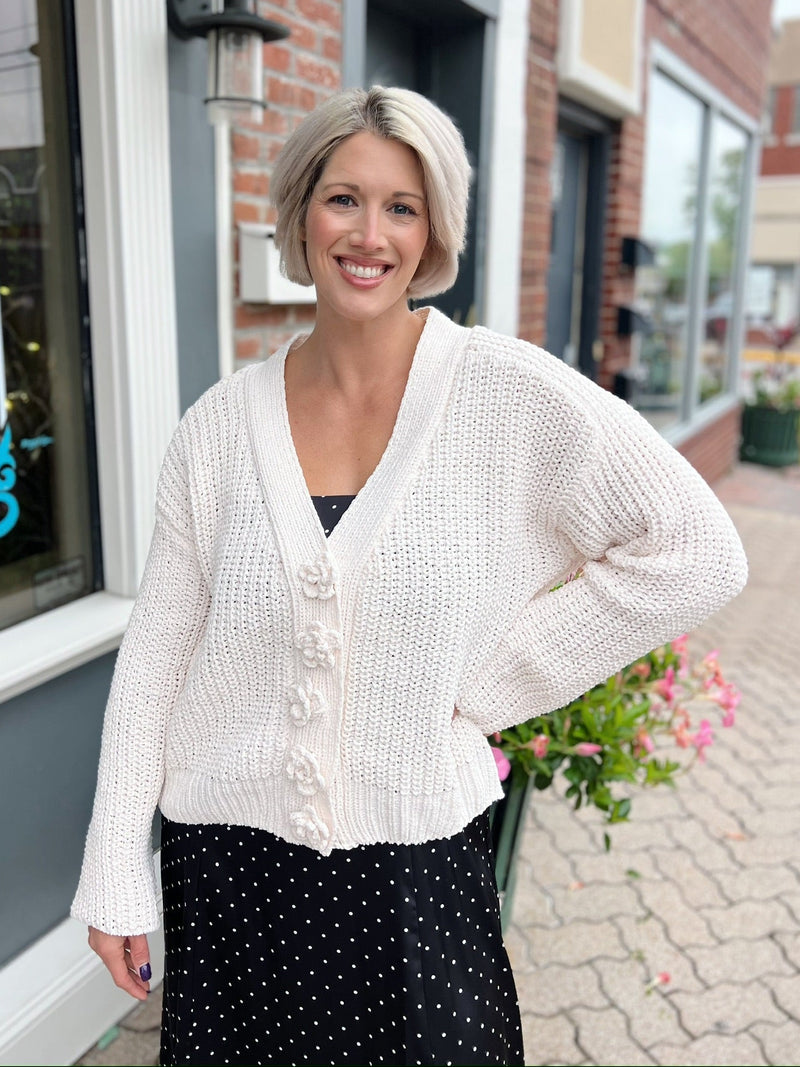 Chunky Knit Flower Button Up Cardigan