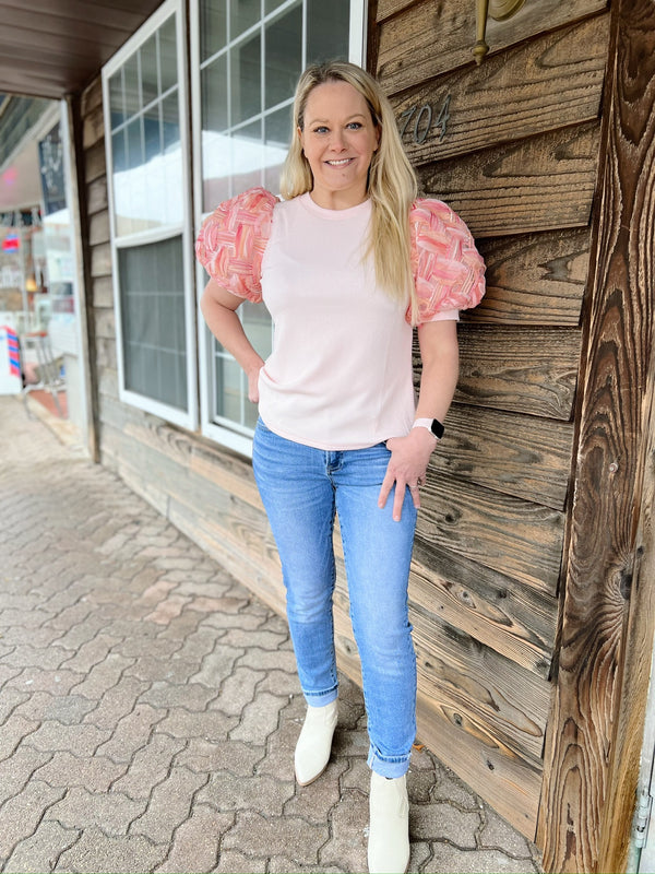 Blush Ribbed Textured Puff Sleeve Top