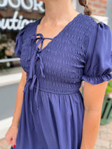Blue V Neck Front Ties Smocked Puff Sleeve Dress