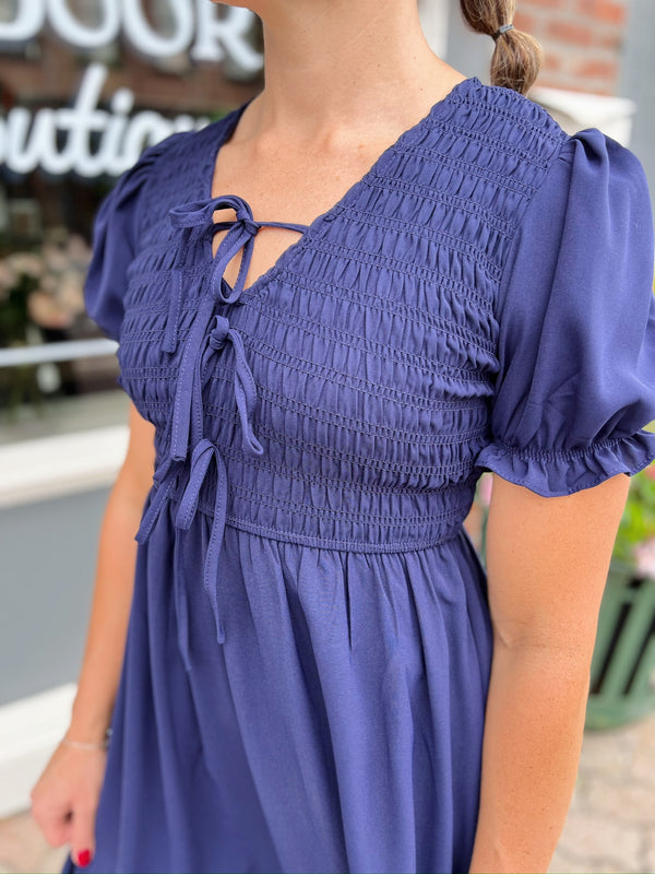Blue V Neck Front Ties Smocked Puff Sleeve Dress