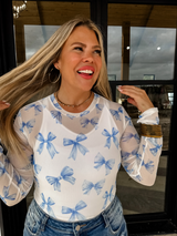 White and Blue Printed Bow Mesh Top