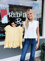 White Side Lace Trim Ruffle Hem Top