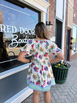 Cream and Blue Floral and Stripe Printed Dress
