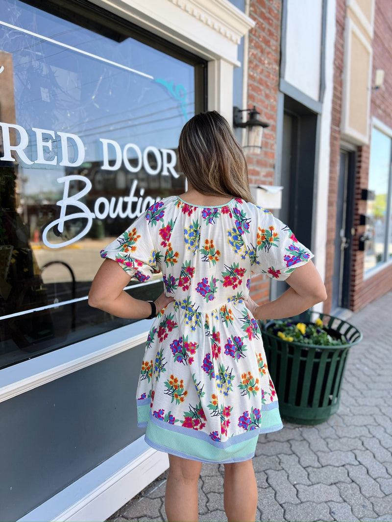 Cream and Blue Floral and Stripe Printed Dress