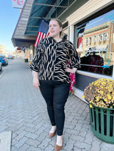 Curvy Black Abstract Line Button Up