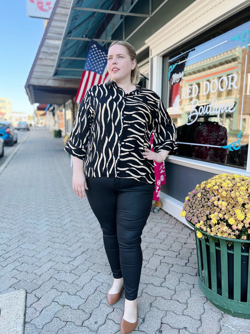 Curvy Black Abstract Line Button Up