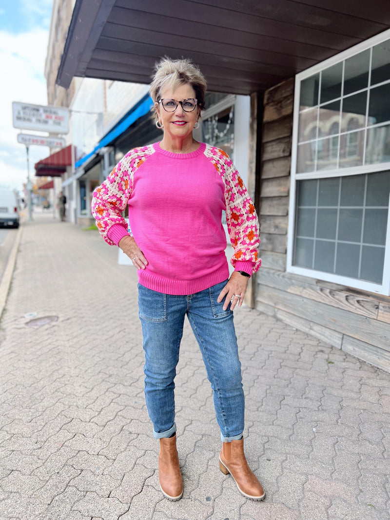 Pink Sweater with Crochet Arms