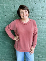 Corded Rib Long Sleeve Round Neck Pullover