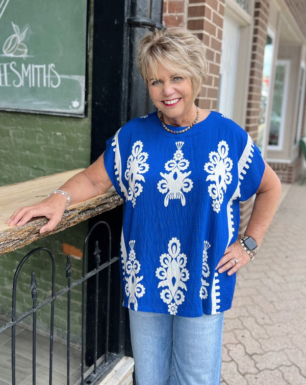 Blue Short sleeve Top W/ White Design