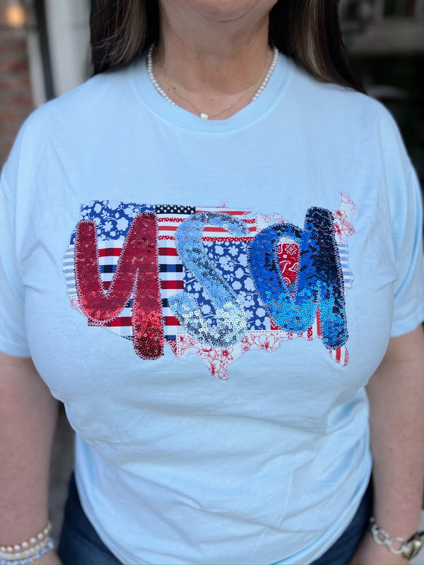 Light Blue Patchwork and Sequin USA Short Sleeve Tee