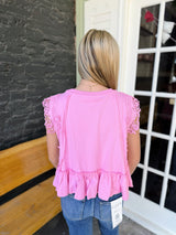 Pink Side Lace Trim Ruffle Hem Top