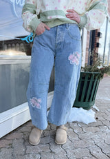 Denim Floral Patch Barrel Jeans