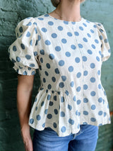 Blue Polka Dot Puff Sleeve Pricess lined Top