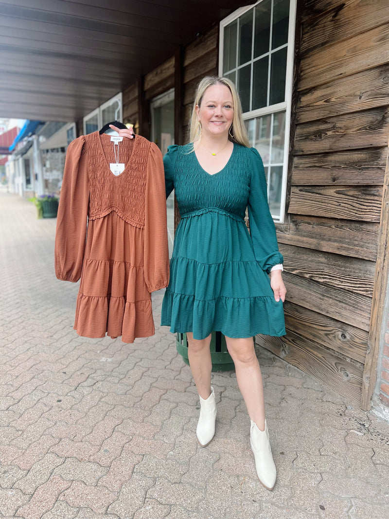 Smocked V-Neck Balloon Sleeve Dress