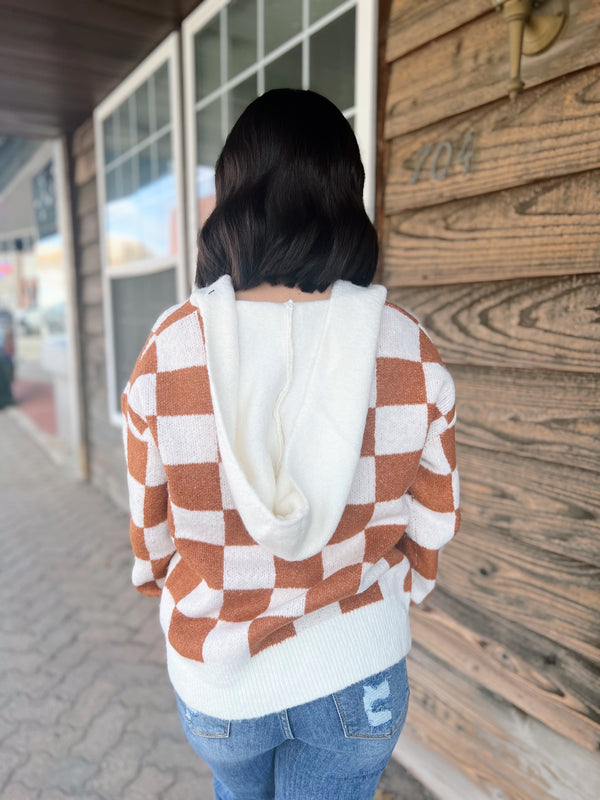 Ivory and Rust Checkered Sweater Hoodie