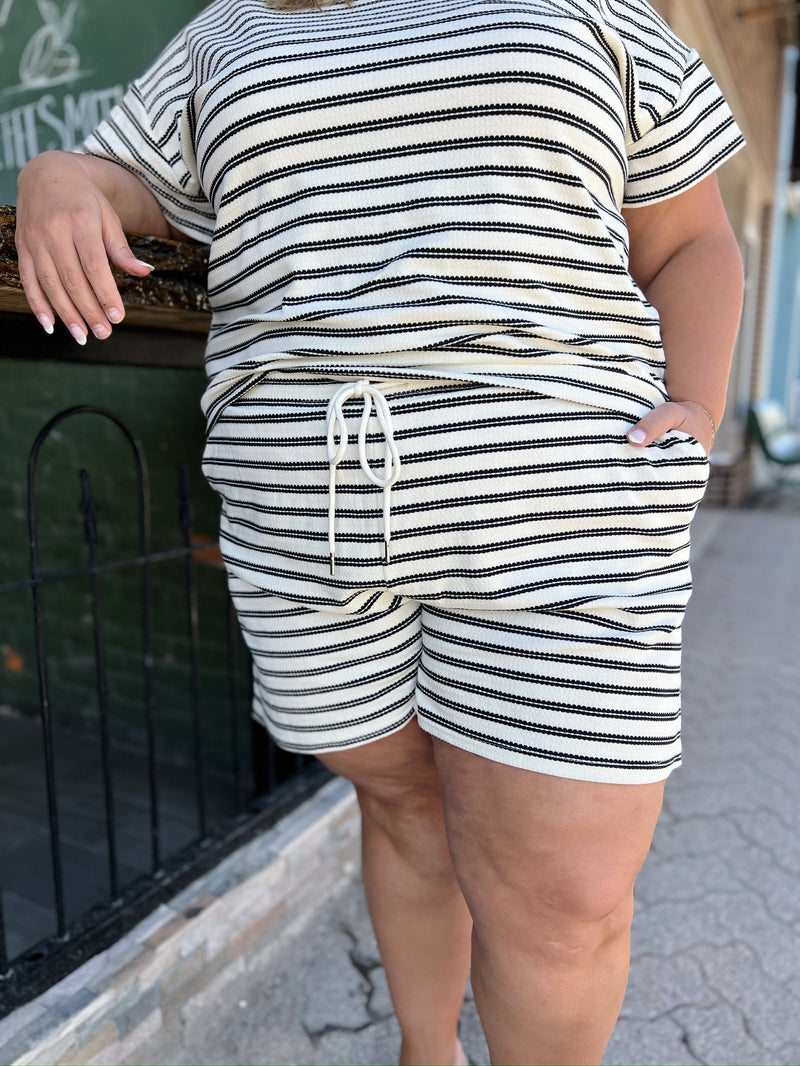 Curvy Ivory Shorts with Black Stripes and Drawstring