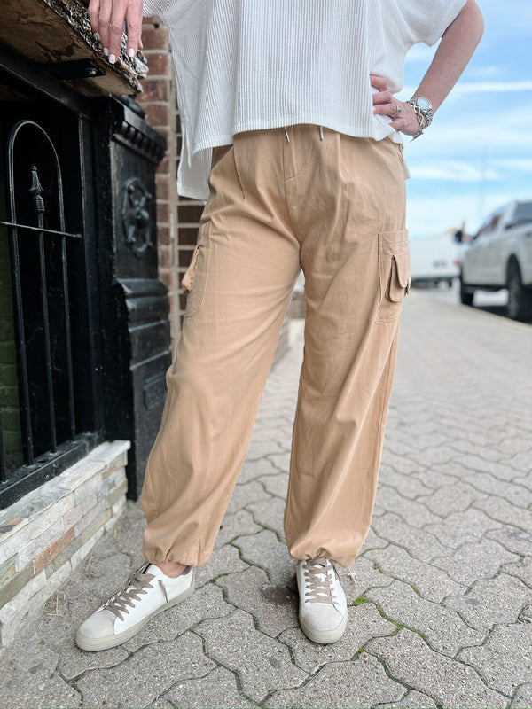 Tan Cargo Drawstring Hem Pants