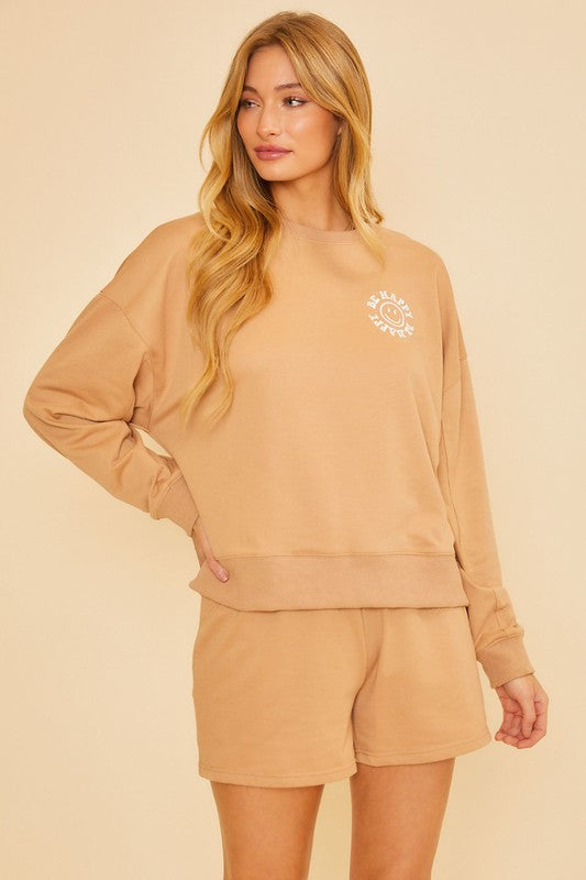 Taupe Be Happy Embroidered Crewneck
