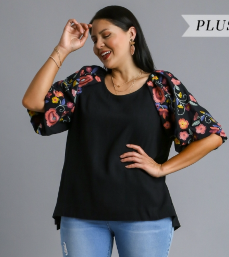 Curvy Black Linen Embroidered Sleeve Top