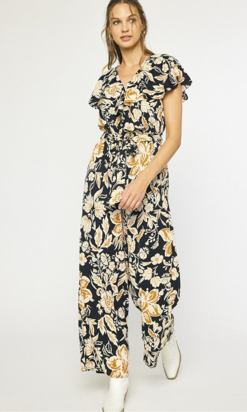 Black Floral Ruffle Sleeve Jumpsuit
