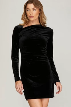Black Velvet Asymmetrical Neckline Dress