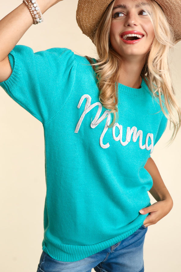 Curvy Mint Embroidered Mama Sweater Top