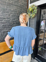 Denim Top with Front Ribbon Tie