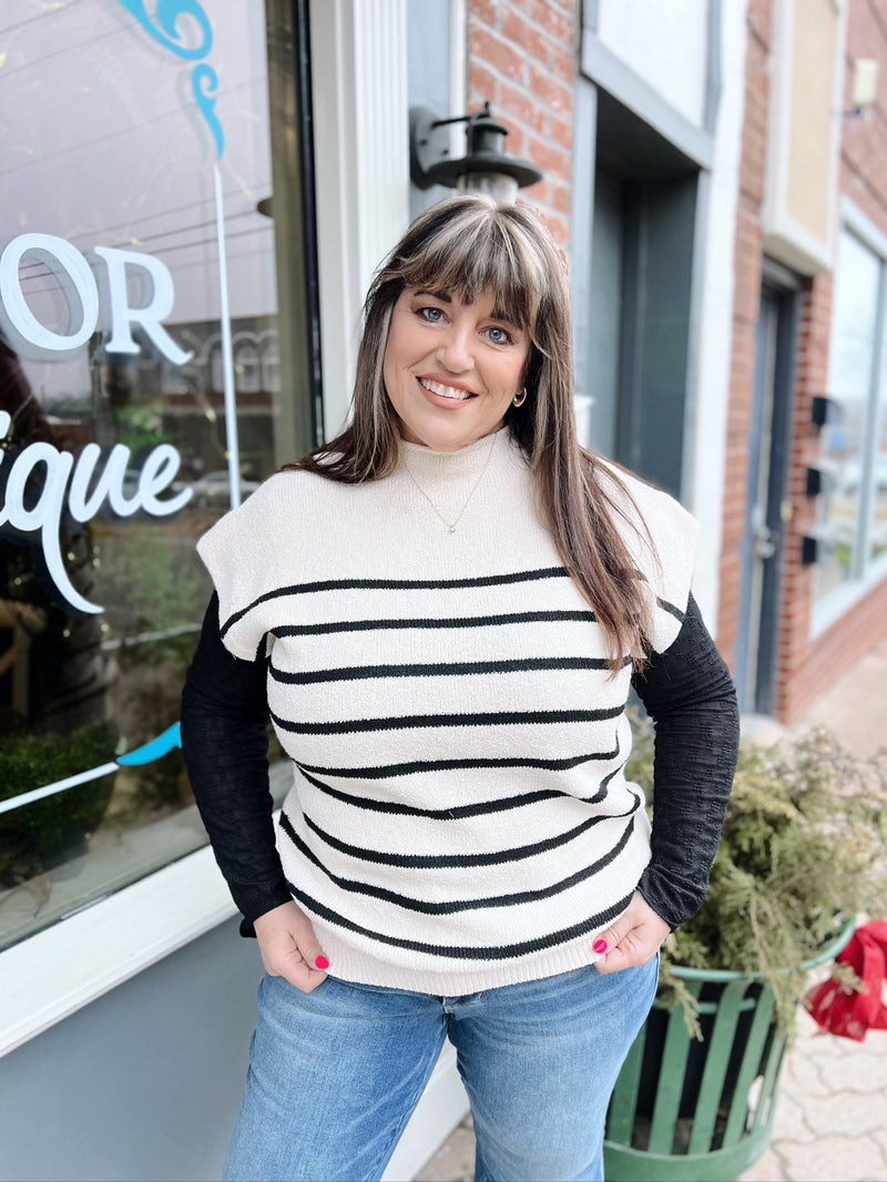 Curvy Drop Shoulder Mock Neck Striped Sweater Top