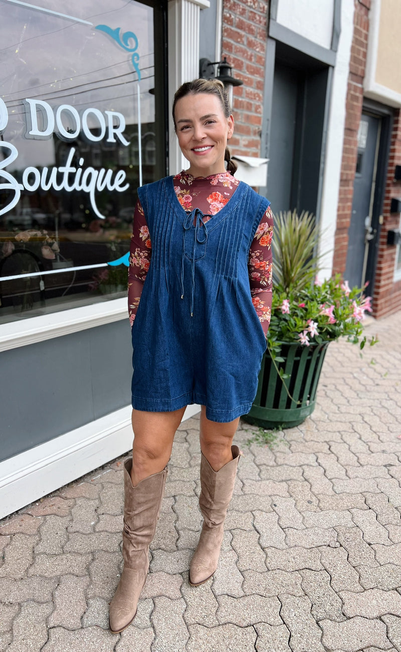 Denim Pleated Wide Leg Tied Romper