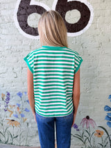 Green and White Stripe Y Split Neck Top
