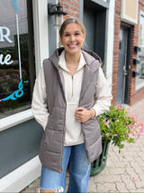 Gun Metal Zip Front Solid Hooded Duster Puffer