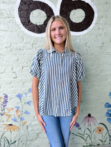 Navy and White Striped Puff Sleeve Button Down Top