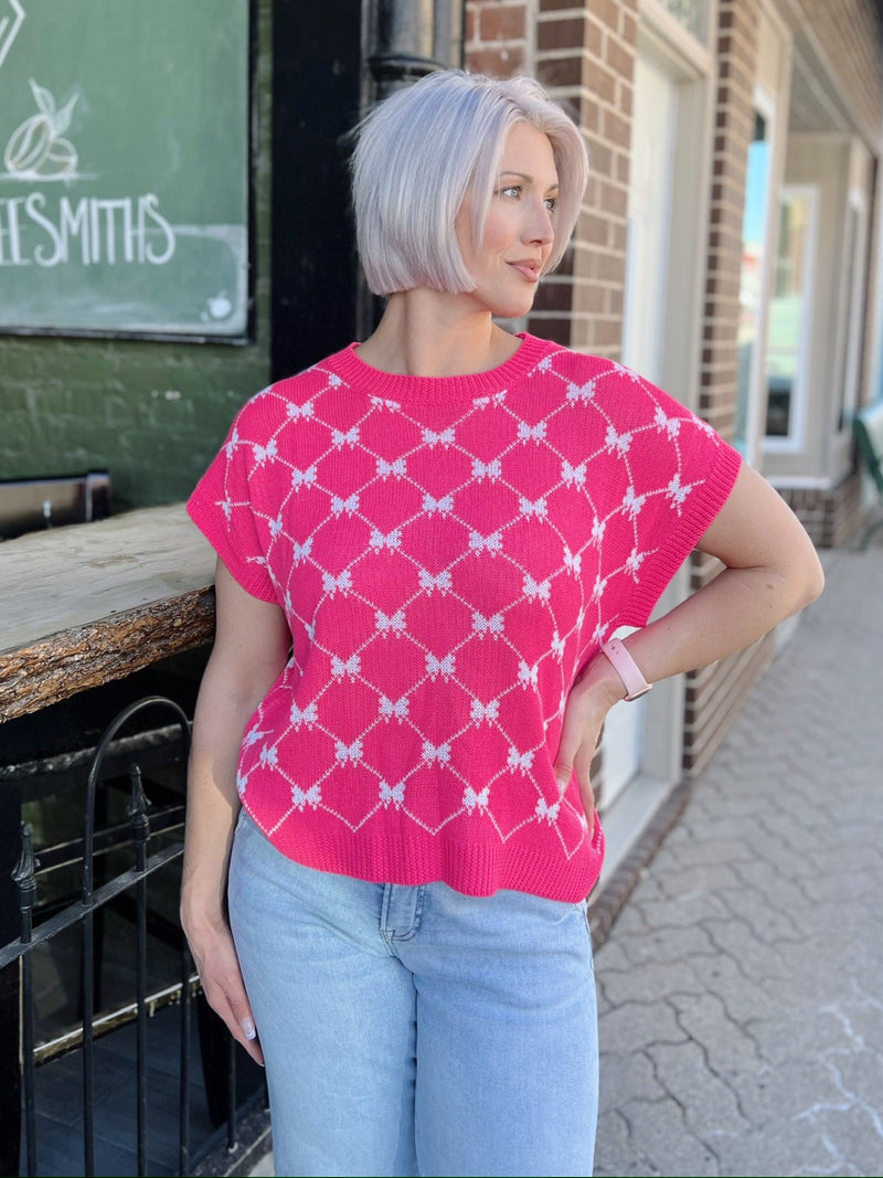 Pink Plaid Sweater with Bow Detailing