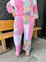 Pink Mineral Washed Floral WaveKnit Wide Leg Pants