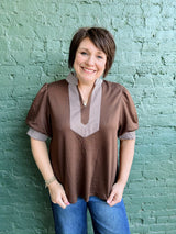 Brown Stripe Contrast Trim Top