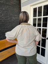 Curvy Olive Stripe Pattern Half-Zip Short Puff Sleeve Top