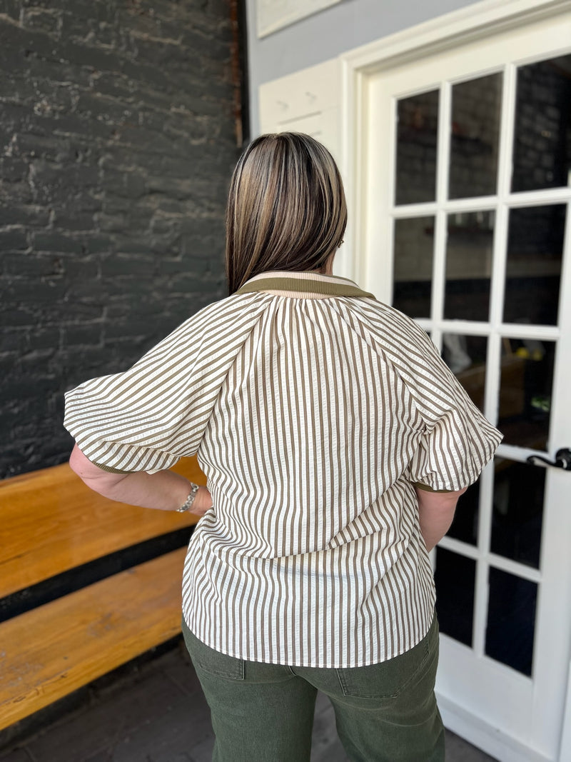 Curvy Olive Stripe Pattern Half-Zip Short Puff Sleeve Top