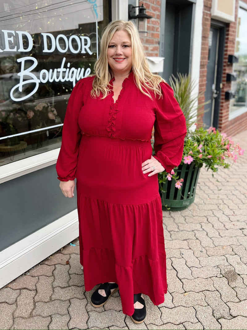 Curvy Frilled Smocked Waist Long Sleeve Midi Dress