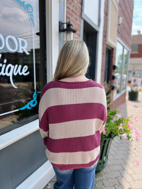Mauve and Cream Striped V Neck Sweater