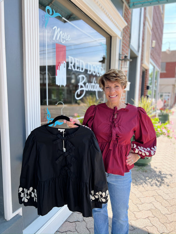 Front Bow Tie Embroidered Peplum Top