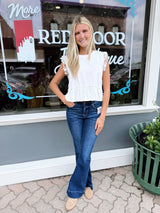 White Side Lace Trim Ruffle Hem Top