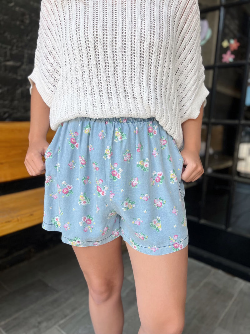 Floral Print Chambray Washed Shorts