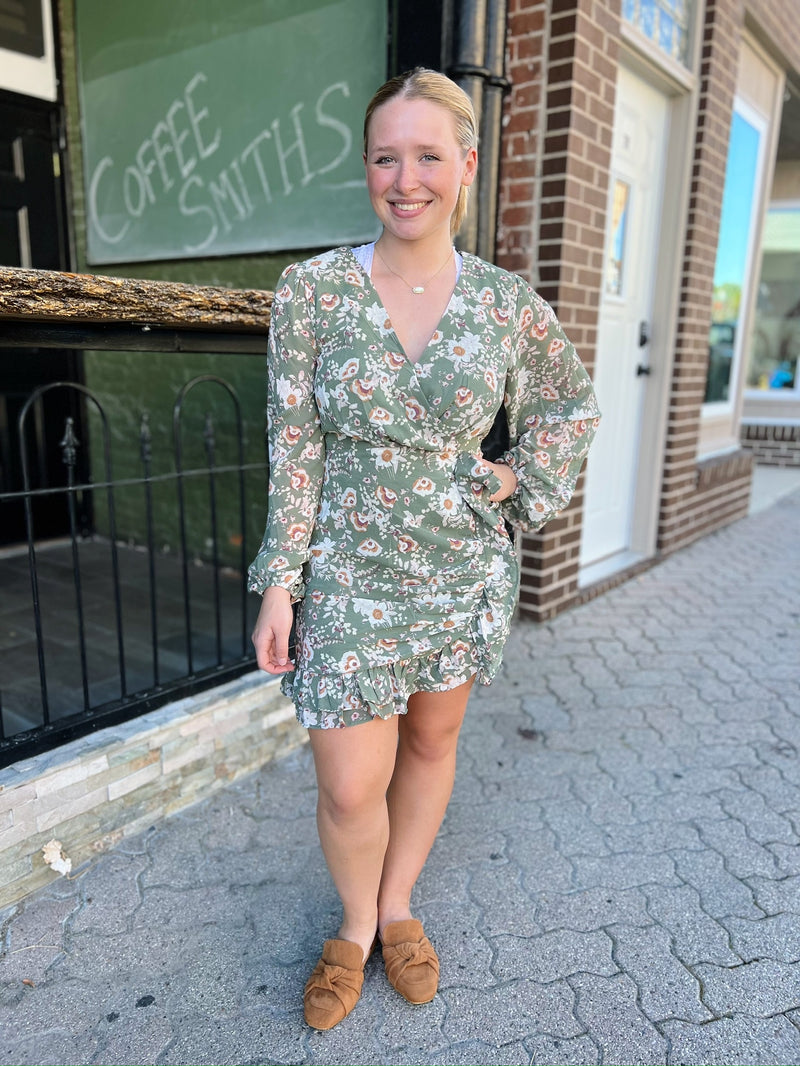 Olive Floral Side Ruffle Dress